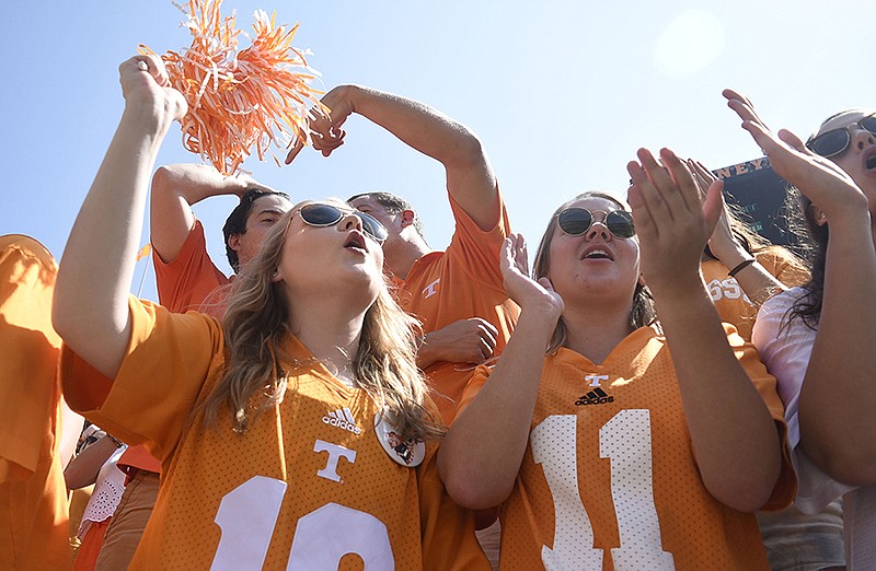 Staff photo by Robin Rudd / Tennessee football fans cheer after the Vols scored a touchdown against Massachusetts on Sept. 23, 2017.