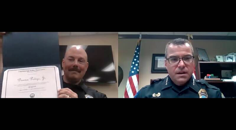 Chattanooga Police Chief David Roddy honors Sgt. Pedigo on April 29 via Zoom. Dennis Pedigo was promoted to Sergeant in late 2016. Source: Chattanooga Police Department Facebook page.