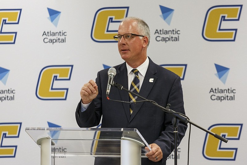 Staff photo / UTC athletic director Mark Wharton speaks during a news conference in August 2017.