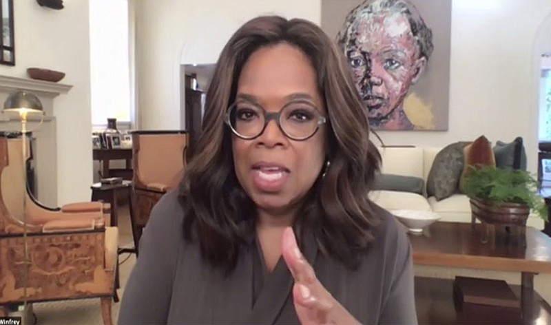 In a photo provided by The Call to Unite, Oprah Winfrey speaks during the 24-hour live event, which was transmitted Friday, May 1, 2020. (The Call to Unite via AP)
