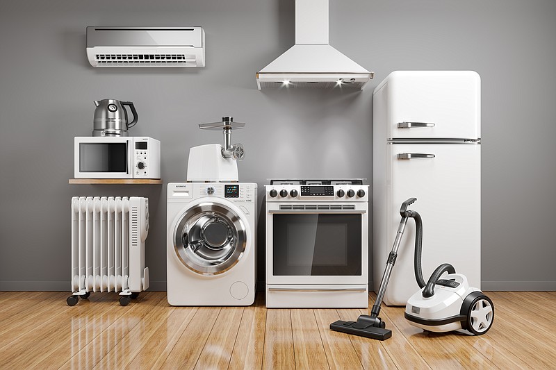 Set of home kitchen appliances in the room on the wall background. - stock photo appliance tile home tile / Getty Images
