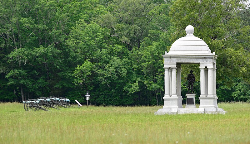 Staff Photo by Robin Rudd / The Florida Monument stands along side LaFayette Road while beyond are the guns making Slocomb's Confederate Battery on May 14, 2020. Beyond the monument one of the most popular parking lots for hikes stands empty because of the park's closure because of the COVID-19 pandemic. Chickamauga and Chattanooga National Military Park will open to visitors on Friday.