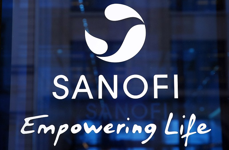FILE - In this Feb. 7, 2019 the logo of French drug maker Sanofi is pictured at the company's headquarters, in Paris. French pharmaceutical group Sanofi ensured that it will make its COVID-19 vaccine, when ready, available in all countries, hours after the company's CEO said the United States will get first access. (AP Photo/Christophe Ena, File)