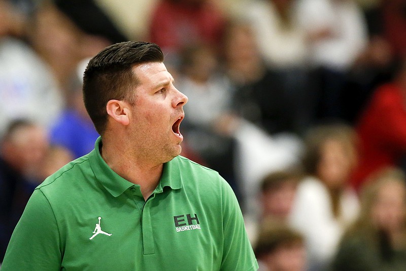 Staff photo by C.B. Schmelter / Andy Webb coaches the East Hamilton boys' basketball team during a Times Free Press Best of Preps tournament semifinal against Baylor on Jan. 3 at Chattanooga State.