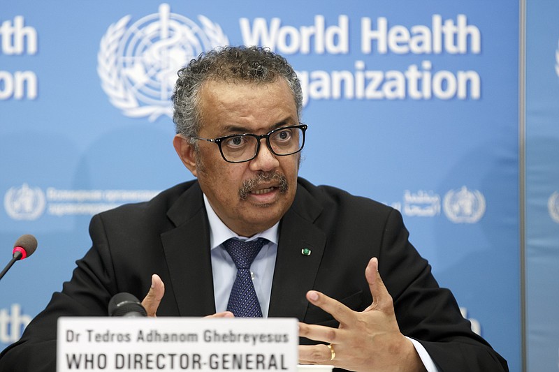 FILE - In this Monday, Feb. 24, 2020 file photo, Tedros Adhanom Ghebreyesus, Director General of the World Health Organization (WHO), addresses a press conference about the update on COVID-19 at the World Health Organization headquarters in Geneva, Switzerland. The European Union is calling for an independent evaluation of the World Health Organization's response to the coronavirus pandemic, "to review experience gained and lessons learned." (Salvatore Di Nolfi/Keystone via AP, File)


