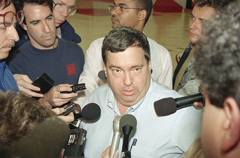 AP photo by Fred Jewell / Chicago Bulls general manager Jerry Krause talks to reporters at the NBA team's practice facility in Deerfield, Ill., on June 3, 1993.