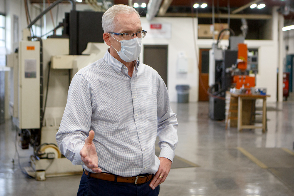 Staff photo by C.B. Schmelter / Jim Barrott, Executive Vice President at Chattanooga State Community College with primary responsibility for the Tennessee College of Applied Technology, speaks to the Times Free Press in the Machine Tool Lab in the TCAT 2 Building on the campus of Chattanooga State Community College on Tuesday, May 19, 2020 in Chattanooga, Tenn. While most classes at the college have continued online, a few classes began instruction on campus on Monday.
