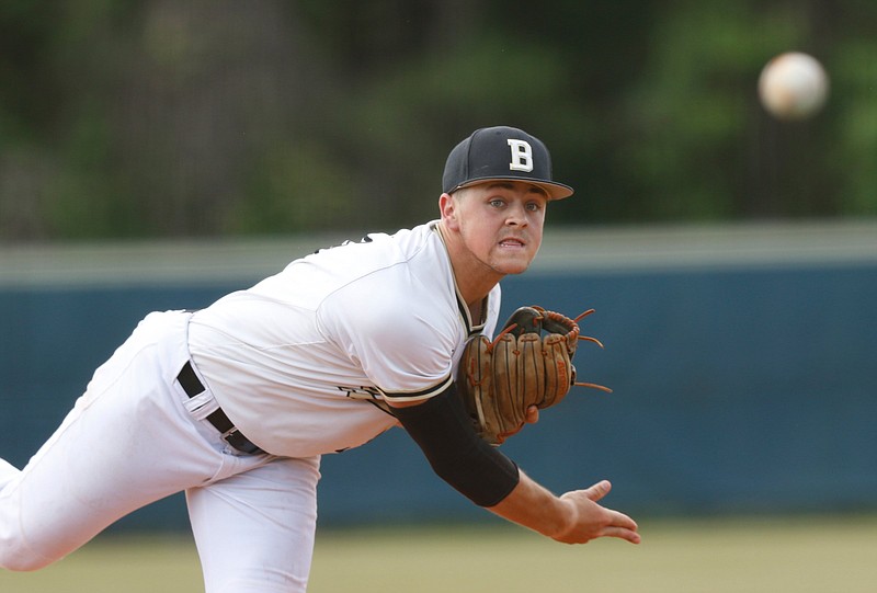 Staff photo / Bradley Central's Riley Black pitches during the Bears' District 5-AAA tournament game against Ooltewah on May 3, 2019, in Soddy-Daisy.