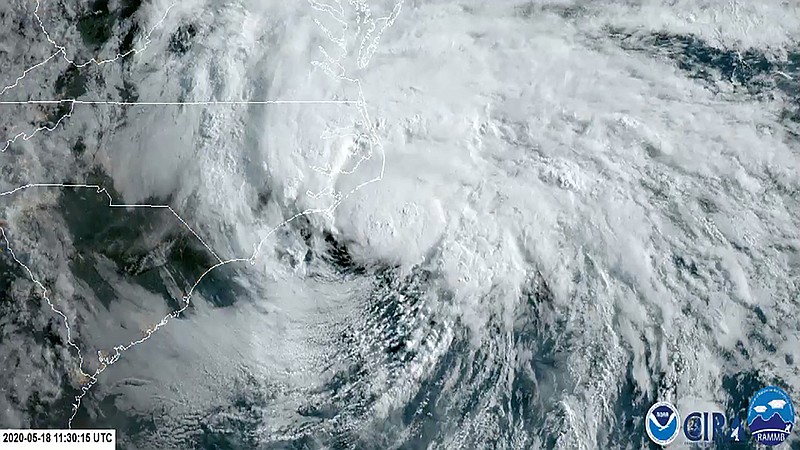 In this satellite image made available by NOAA shows Tropical Storm Arthur off the coast of North Carolina, Monday, May 18, 2020. (NOAA via AP)


