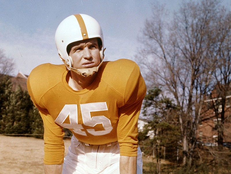 Tennessee Athletics photo / Tennessee tailback Johnny Majors poses for a photo on Shields-Watkins Field in 1956. The Volunteers posted a 10-0 regular season in 1956, and Majors finished second in the Heisman Trophy voting.