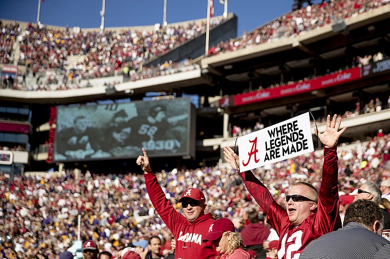 AP photo by Andrew Harnik / Alabama football fans cheer before the Crimson Tide's matchup with SEC West rival LSU on Nov. 9, 2019, at Bryant-Denny Stadium in Tuscaloosa.