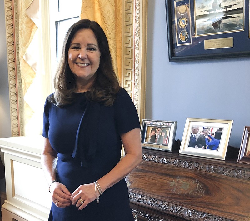 FILE- In this Jan. 31, 2020 file photo, Karen Pence, wife of Vice President Mike Pence, poses for a photograph in her office in the Eisenhower Executive Office Building, on the White House campus in Washington. Second Lady Pence visited Great Smoky Mountains National Park Tuesday, May 19, to talk about the mental health benefits of spending time outdoors as officials announced the second phase of a plan to reopen all park trails. (AP Photo/Darlene Superville, File)