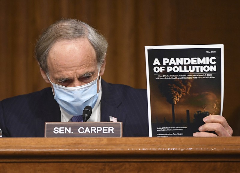 Ranking member Sen. Tom Carper, D-Del., delivers opening remarks during a Senate Environment and Public Works Committee oversight hearing to examine the Environmental Protection Agency, Wednesday, May 20, 2020 on Capitol Hill in Washington. (Kevin Dietsch/Pool via AP)


