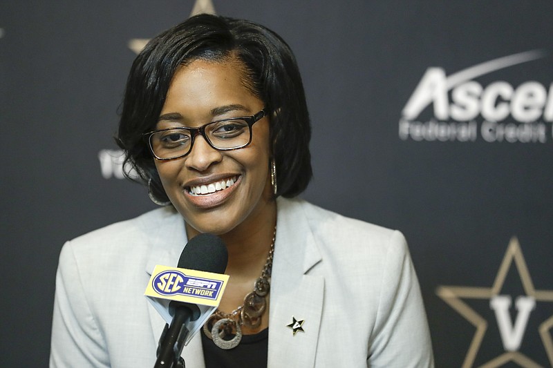 AP photo by Mark Humphrey / Candice Storey Lee answers questions during a news conference on Feb. 5 in Nashville after being named interim AD at Vanderbilt. The SEC school removed the interim label Wednesday.