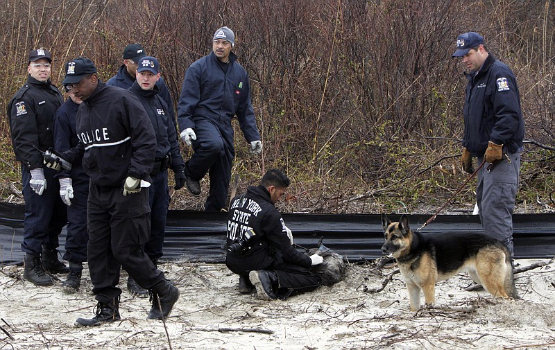 FILE - In this April 11, 2011, file photo, law enforcement and emergency personnel examine an object on the side of the road, center, near Jones Beach in Wantagh, N.Y. On Friday, May 22, 2020, authorities investigating the long-running mystery of skeletal remains strewn along a suburban New York beach highway said they have identified the remains of one of the women using DNA technology. (AP Photo/Seth Wenig, File)



