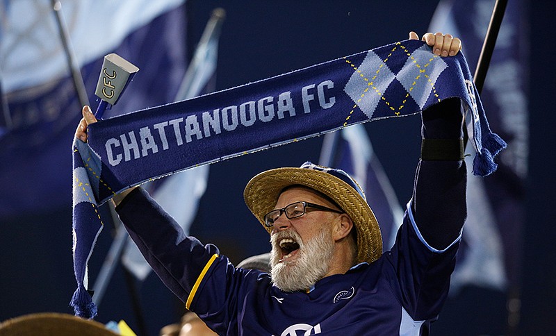 Staff photo / Gregg Harris cheers during Chattanooga FC's exhibition against Nashville SC on March 10, 2018, at Finley Stadium.