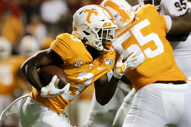 Staff photo by C.B. Schmelter / Tennessee running back Eric Gray carries the ball during the Vols' home game against Georgia on Oct. 5, 2019.
