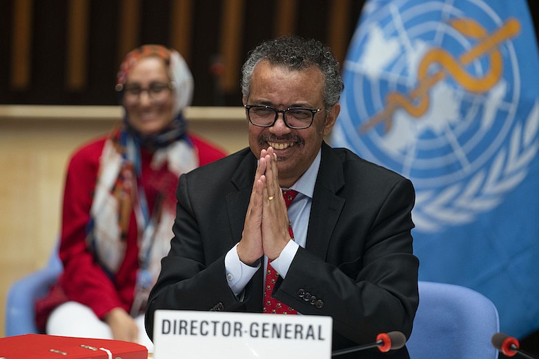 Tedros Adhanom Ghebreyesus, Director General of the World Health Organization, gestures during the 147th session of the WHO Executive Board session in Geneva, Switzerland, Friday, May 22,2020. (WHO/Christopher Black via AP)