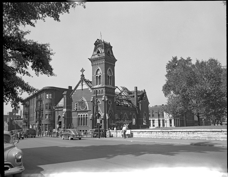 The then-First Christian Church at Georgia Avenue and East 7th Street is demolished in the early 1950s to make way for a downtown parking garage. / Contributed photo by ChattanoogaHistory.com from the EPB collection.