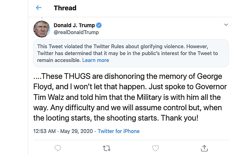 This image from the Twitter account of President Donald Trump shows a tweet he posted on Friday, May 29, 2020, after protesters in Minneapolis torched a police station, capping three days of violent protests over the death of George Floyd, who pleaded for air as a white police officer knelt on his neck. The tweet drew a warning from Twitter for Trump's rhetoric, with the social media giant saying he had "violated the Twitter Rules about glorifying violence." (Twitter via AP)