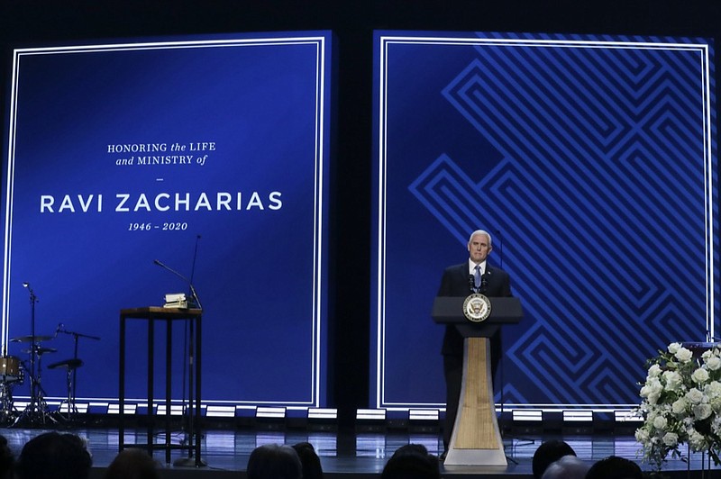 Vice President Mike Pence speaks at Passion City Church during a memorial service for Ravi Zacharias on Friday, May 29, 2020, in Atlanta. (AP Photo/Brynn Anderson)


