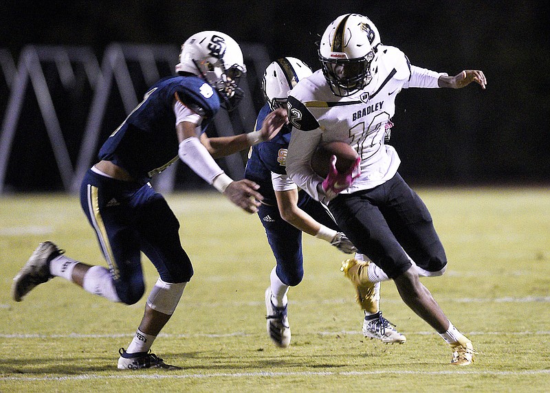 Staff photo by Robin Rudd / Bradley Central receiver Tray Curry turns upfield with the ball after making a catch on Oct. 24, 2019, at Soddy-Daisy.