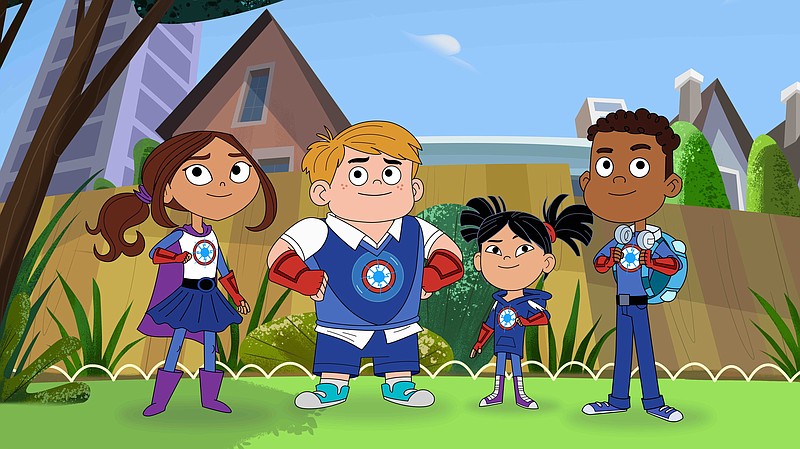 This image released by PBS Kids shows characters from the TV series "Hero Elementary," from left, Lucita Sky, Benny Bubbles, Sara Snap and AJ Gadgets, a superhero who has the ability to make super gadgets – and who also happens to be on the Autism spectrum. The series premieres Monday, June 1 on PBS stations. (PBS Kids via AP)