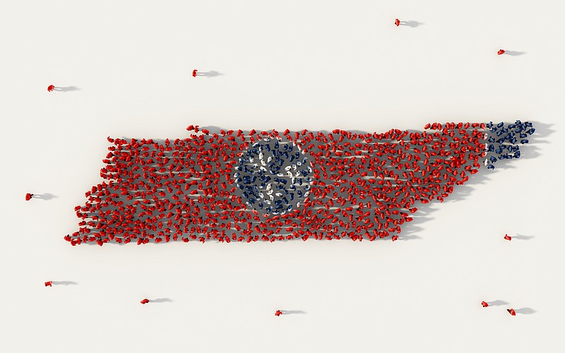 Large group of people forming Tennessee flag map in The United States of America, USA, in social media and community concept on white background. 3d sign symbol of crowd illustration from above - stock photo tennessee tile state map tennessee flag tile state tile / Getty Images

