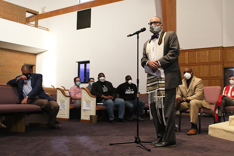 Staff photo by Wyatt Massey / Rabbi Craig Lewis speaks during a prayer service at Olivet Baptist Church on June 1, 2020. Lewis was among several local faith leaders who spoke about the death of George Floyd in Minnesota.