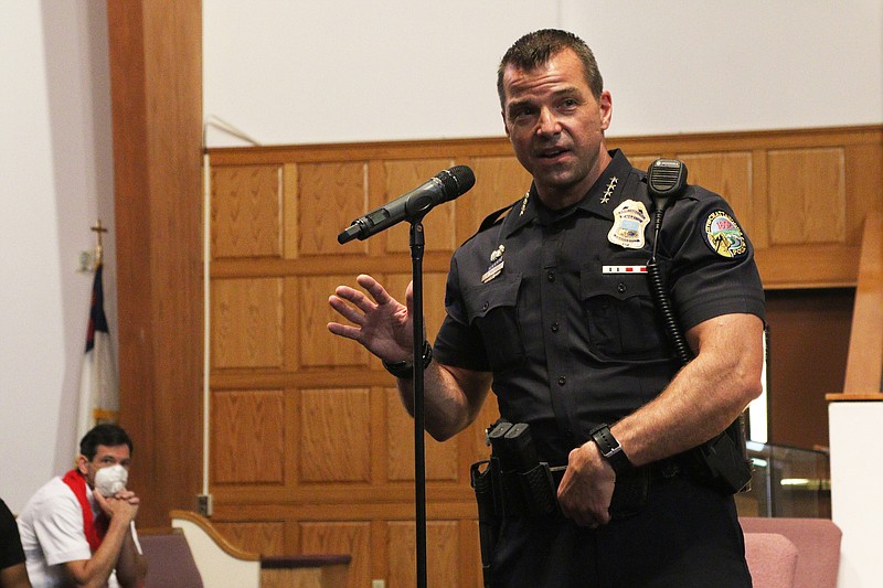Staff photo by Wyatt Massey / Chattanooga Police Chief David Roddy talks during a prayer service at Olivet Baptist Church on June 1, 2020. Roddy was warmly received by most faith leaders at the event after several days of protests in the city.