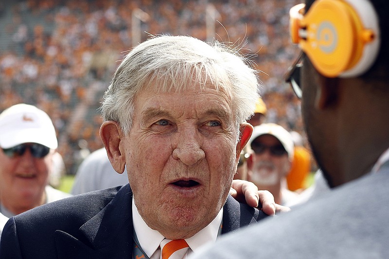 AP photo by Wade Payne / Former Tennessee football coach and star player Johnny Majors, shown before the Vols' home game against South Carolina on Oct. 14, 2017, stayed connected with the program even after his tenure in Knoxville ended.