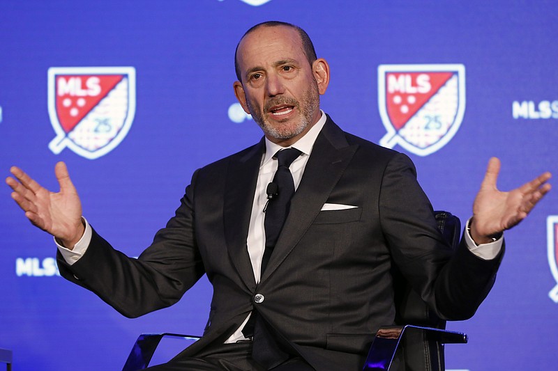 AP photo by Richard Drew / Major League Soccer commissioner Don Garber speaks during the league's 25th anniversary season kickoff event on Feb. 26 in New York. MLS teams played just two matches before the 2020 schedule was suspended in mid-March due to the coronavirus pandemic.