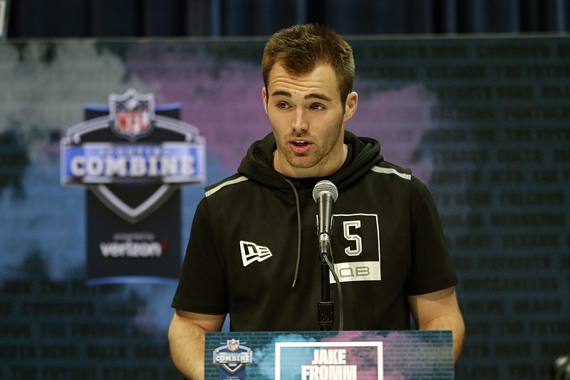 AP photo by Michael Conroy / Quarterback Jake Fromm speaks during a news conference at the NFL scouting combine on Feb. 25, 2020, in Indianapolis. The former Georgia Bulldogs standout was selected by the Buffalo Bills in the fifth round of the draft in April.