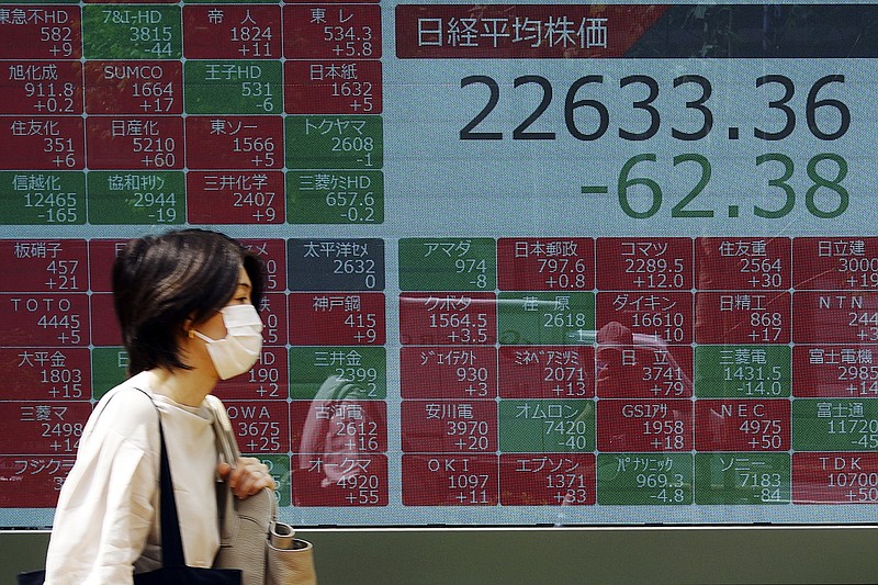 A woman walks past an electronic stock board showing Japan's Nikkei 225 index at a securities firm in Tokyo Friday, June 5, 2020. Asian markets are mostly lower after Wall Street rally takes a breather, as investors parse unemployment data. (AP Photo/Eugene Hoshiko)