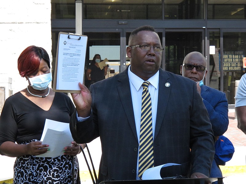 State Rep. Carl Gilliard addresses a news conference in Savannah, Ga., on Friday, June 5, 2020, calling for the legislature to repeal the state's 19th-century citizen arrest law. A Georgia prosecutor in April cited the 1863 law in a legal opinion that concluded the pursuit and fatal shooting of Ahmaud Arbery were justified. The Georgia Bureau of Investigation and a subsequent prosecutor who took over the case disagreed and charged three white men who chased Arbery with felony murder in his death on Feb. 23, 2020. (AP Photo/Russ Bynum)


