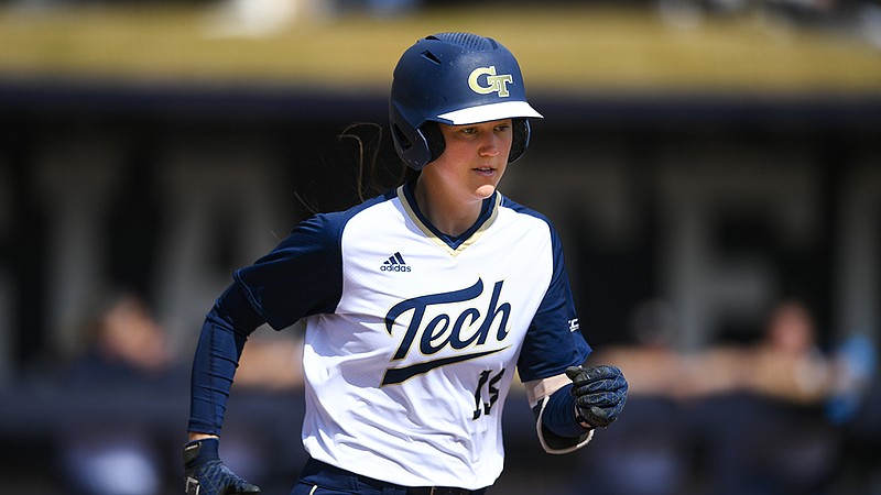 AP photo by John Amis / Georgia Tech outfielder Crosby Huckabay, shown during a March 1 home game against Rider, will have a second shot at a senior softball season with the Yellow Jackets. The Baylor School graduate is among the NCAA student-athletes who will return for bonus eligibility in 2021 after having their spring sports seasons canceled this year.