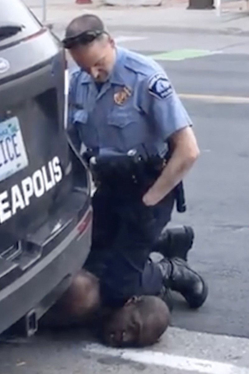 Photo by Darnella Frazier via The Associated Press / In this image from video provided by Darnella Frazier, Minneapolis Police Officer Derek Chauvin kneels on the neck of George Floyd, who was pleading that he could not breathe, in Minneapolis on Monday, May 25, 2020.