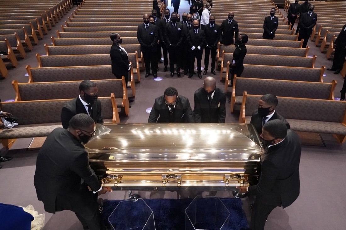 The casket of George Floyd is placed in the chapel during a funeral service for Floyd at the Fountain of Praise church, Tuesday, June 9, 2020, in Houston. (AP Photo/David J. Phillip, Pool)
