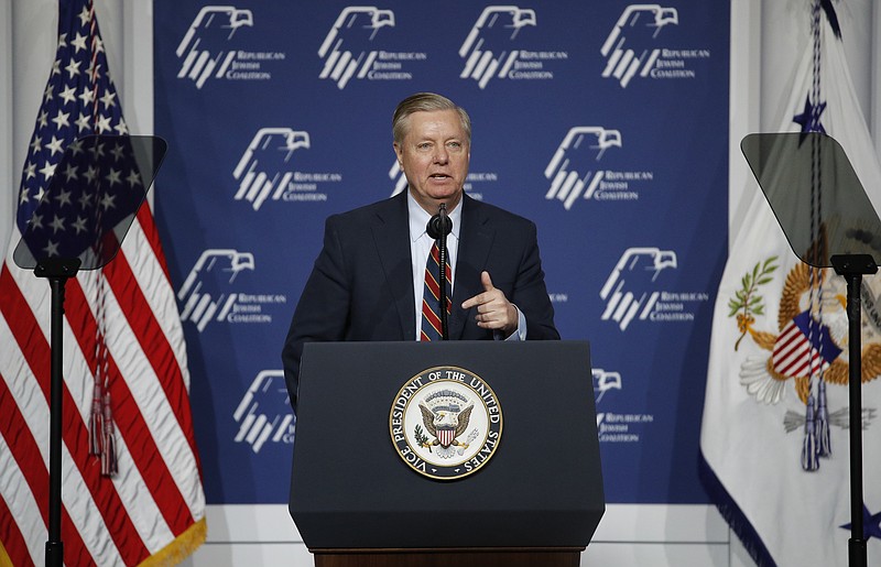 U.S. Sen. Lindsey Graham, R-South Carolina, speaks at an annual meeting of the Republican Jewish Coalition, Saturday, April 6, 2019, in Las Vegas. (AP Photo/John Locher)