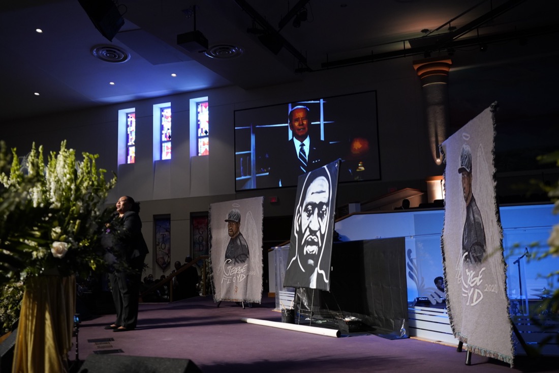 Democratic presidential candidate, former Vice President Joe Biden speaks via video link as family and guests attend the funeral service for George Floyd at The Fountain of Praise church Tuesday, June 9, 2020, in Houston. (AP Photo/David J. Phillip, Pool)