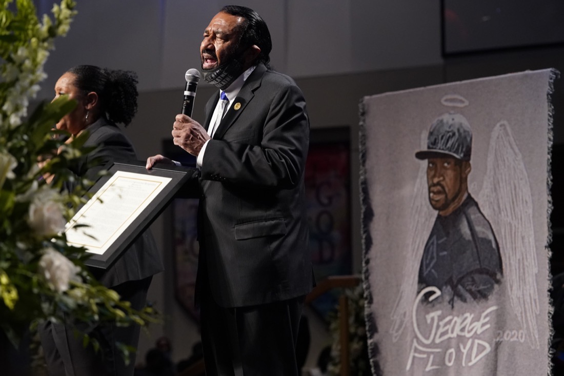 U.S. Rep. Al Green, D-Texas speaks as family and guests attend the funeral service for George Floyd at The Fountain of Praise church Tuesday, June 9, 2020, in Houston. (AP Photo/David J. Phillip, Pool)
