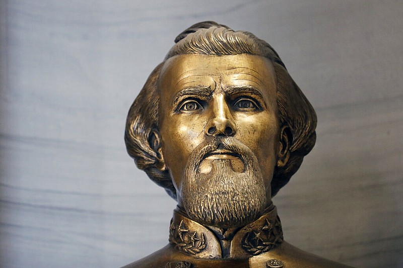A bust of Nathan Bedford Forrest is displayed in the Tennessee State Capitol Tuesday, June 9, 2020, in Nashville, Tenn. (AP Photo/Mark Humphrey)