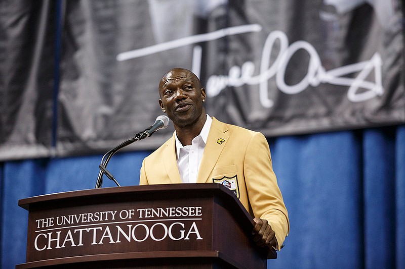 Staff photo / Former UTC and NFL wide receiver Terrell Owens speaks during his Pro Football Hall of Fame induction event on Aug. 4, 2018, at McKenzie Arena. Owens is one of five inductees for the Southern Conference Hall of Fame in 2020.