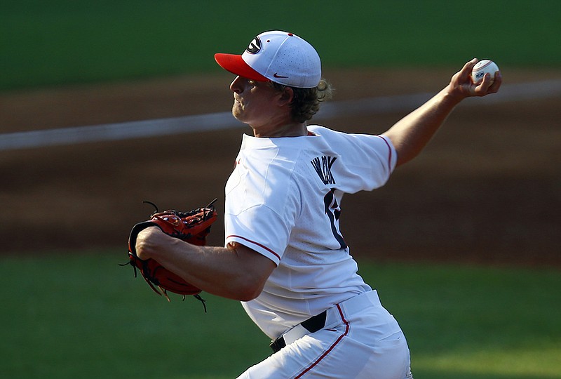 AP photo by Butch Dill / Georgia's Cole Wilcox pitches to an Arkansas batter during an SEC tournament game on May 23, 2019, in Hoover, Ala. Wilcox, a Heritage High School graduate, was selected by the San Diego Padres in the third round of the MLB draft on Thursday.