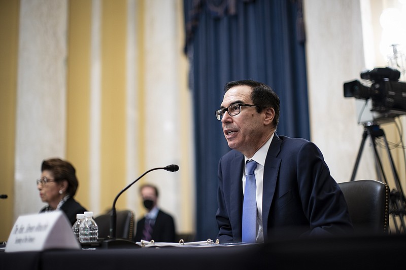 Treasury Secretary Steven Mnuchin speaks during a Senate Small Business and Entrepreneurship hearing to examine implementation of Title I of the CARES Act, Wednesday, June 10, 2020 on Capitol Hill in Washington. (Al Drago/Pool via AP)


