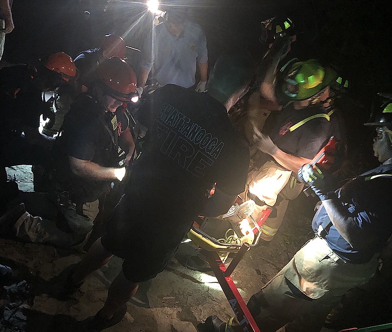 The Chattanooga Fire Department's high angle team is seen rescuing an injured hiker who fell off a bluff at Greenway Farms in Hixson on June 12, 2020. / Photo by Battalion Chief David Thompson Jr. / CFD