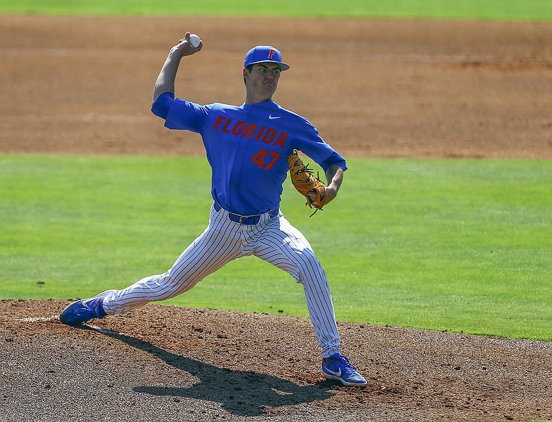 AP photo by Butch Dill / Florida pitcher Tommy Mace, shown during an SEC tournament game against Texas A&M on May 21, 2019, in Birmingham, Ala., was not taken on either day of the five-round MLB amateur draft this week. Mace, among the top prospects not selected, is returning to the Gators for his senior season, but other players will agree to contracts with MLB teams in the coming days.