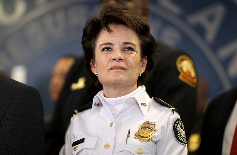 FILE - In this Thursday, Jan. 4, 2018, file photo, Atlanta Police Chief Erika Shields attends a news conference in Atlanta. On Saturday, June 13, 2020, Atlanta Mayor Keisha Lance Bottoms announced that Shields is resigning after an officer fatally shot a man who snatched an officer's Taser and ran after a struggle in a restaurant parking lot. (AP Photo/David Goldman, File)

