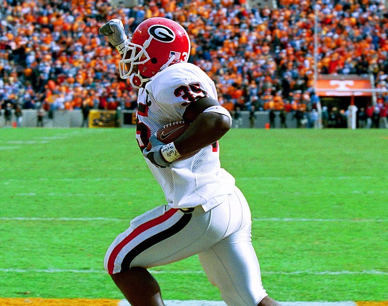 University of Georgia photo / Georgia fullback Verron Haynes celebrates the winning touchdown reception in the 26-24 triumph at Tennessee on Oct. 6, 2001.