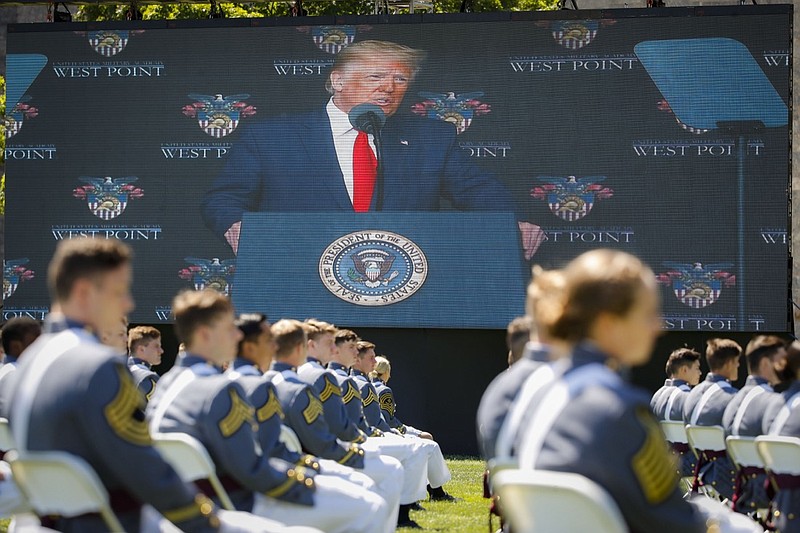 President Donald Trump speaks to United States Military Academy graduating cadets during commencement ceremonies, Saturday, June 13, 2020, in West Point, N.Y. Trump's commencement speech to the 1,100 graduating cadets during a global pandemic comes as arguments rage over his threat to use American troops on U.S. soil to quell protests stemming from the killing of George Floyd by a Minneapolis police officer. (AP Photo/John Minchillo, Pool)